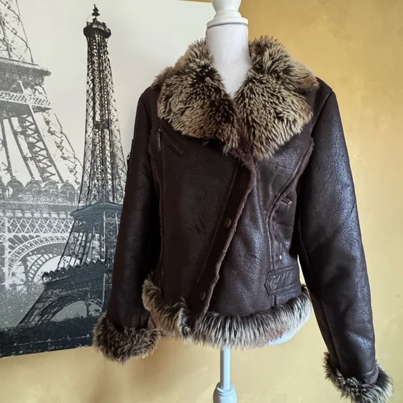 Giacca Brown Faux Shearling Trim Moto Jacket XL - Picture 2 of 6